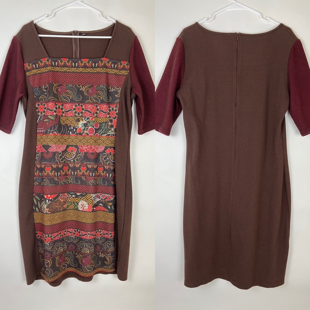 Smash! 1/2 sleeve dress in browns and reds. Multi-fabric textures L
